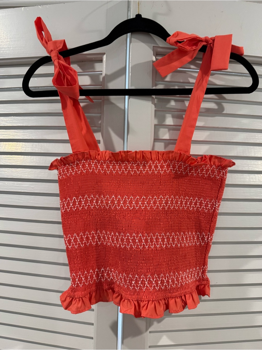 DO+BE Coral Red Smocked Ruffle Tie-Shoulder Crop Top